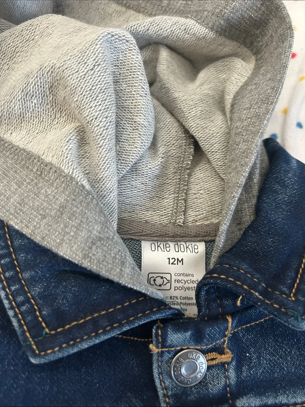 okie dokie Blue Denim Jacket with Grey Hoodie Sleeves